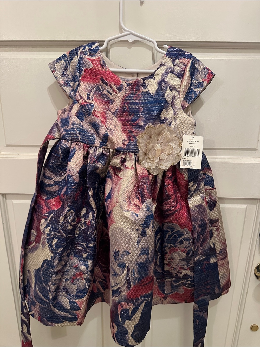 Pippa & Julie Navy and Pink Floral Ballgown with Flower Brooch